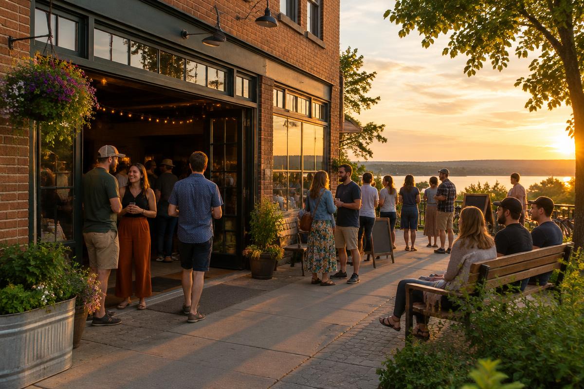 People gathering outside a neighborhood venue at sunset